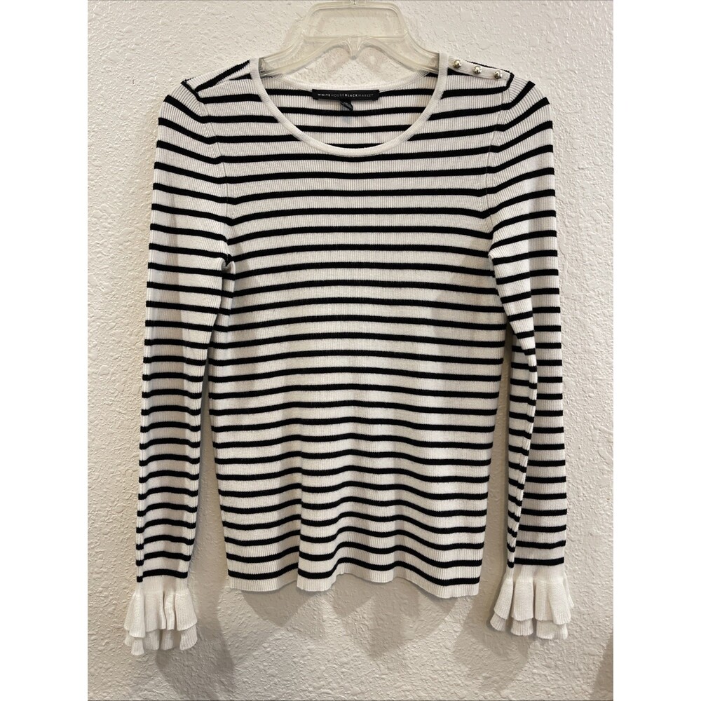 White House Black Market Women’s SP Striped Knit Sweater Ruffle Sleeve